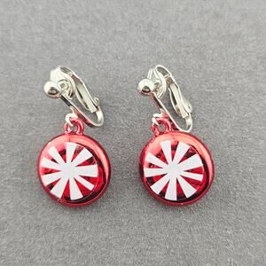 Peppermint Candies Dangle Drop Clip On Earrings Red White Christmas Gaudy